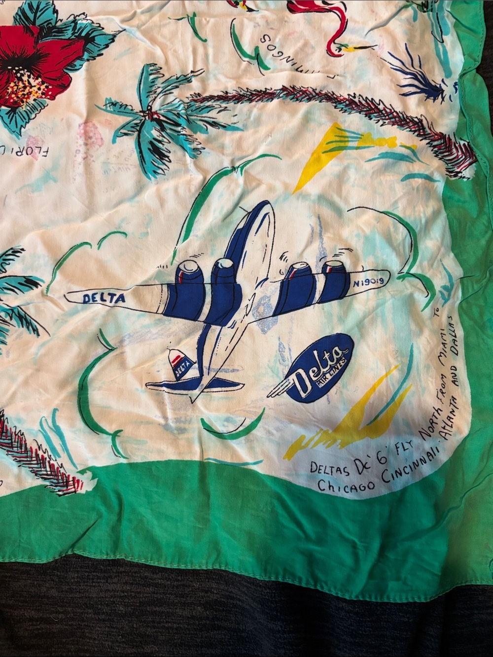 Vintage Delta Air Lines Florida Print Green Border Silk Scarf - Picture 6 of 17